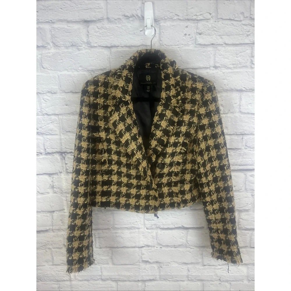House Of Harlow Preppy Dark Academia Cropped Tweed Houndstooth Blazer Size M